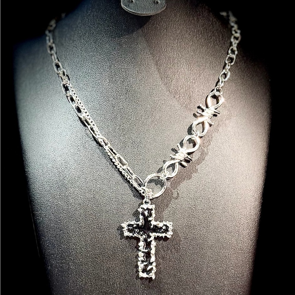 Silver Goth Cross Pendant Necklace Y2K